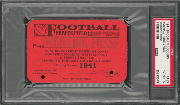 1941 Brooklyn Dodgers Football Press Pass- Only One Graded! (PSA)